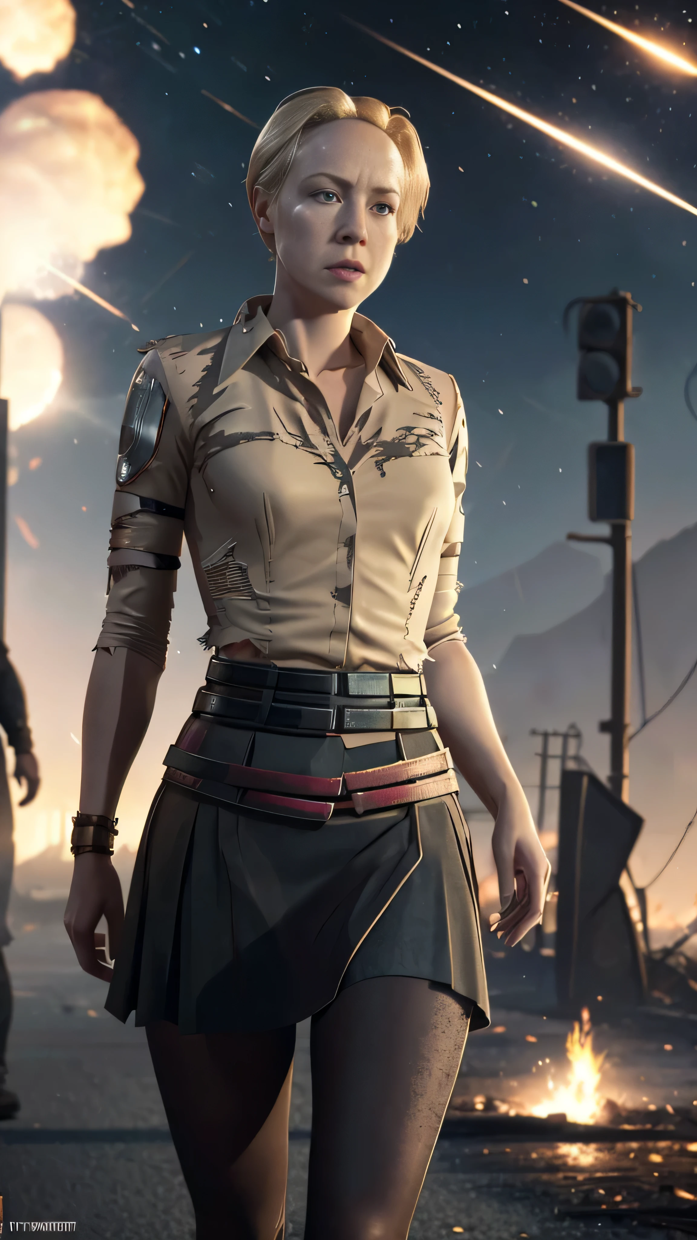 postapocalypse, ((gwench)), ((worn and torn blouse)), mini skirt, torn pantyhose, (running), (meteor rain), (meteor shower), (meteor falling from the sky), busy street, crowd, panic, fire, 1woman, solo, beautiful detailed glow, detailed, cinematic light, intricate detail, realistic, highres, detailed facial features, high detail, sharp focus, smooth, aesthetic, extremely detailed, stamp, octane render