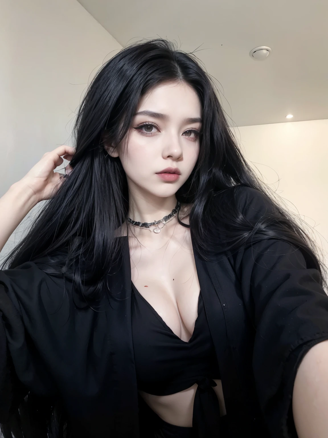 araffed woman with long black hair and a choke posing for a selfie, pale goth beauty, 1 7 -  - old h girl, cruel korean goth girl, goth girl aesthetic, wearing goth makeup, 1 7 - year - anime g girl, goth girl, goth aesthetic, dark hair and makeup, goth makeup, long raven hair, very beautiful goth top model