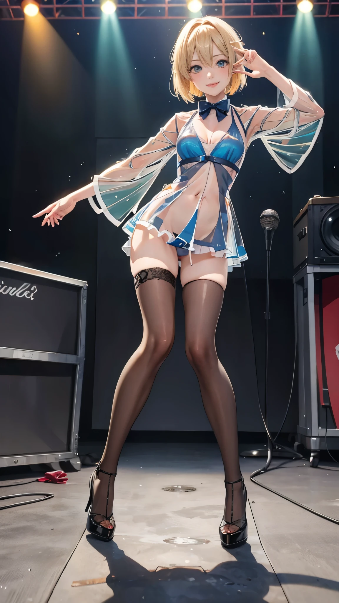(RAW photo:1.2, photorealistic:1.3), masterpiece:1.4, best quality:1.3, Highest details:1.3, beautiful and aesthetic, extremely detailed CG unity 8k wallpaper,( vibrant colors:1.1), high resolution, (see-through:2.0) bikini and a bow tie, anime visual of a cute girl, official character art, anime girl, official art, single character full body, anime full body illustration, full body portrait of a short!, female anime character, as an anime character, a-1 pictures, full body with no costume, rei hiroe, anime best girl, blond bob hair, on outdoor stage, sexy pose, dancing, smile, stained panties, pee stained panties, panties, having a microphone