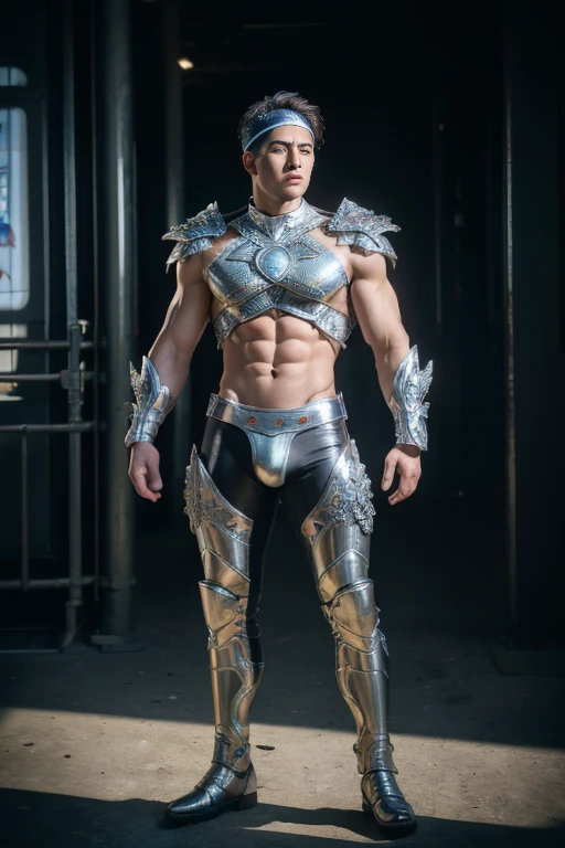 full full body photorealistic Handsome Eco super ripped abs buff body, standing in Violet and silver latex with thick filigree leaves tribal armor and headband,.concentrated and dramatic face, dream vision, extremely realistic, perfect face, perfect eyes, masterpiece, artwork of intricate art, arts station. 4K HD, dark night light, dynamic, dynamic pose, action, motion blur, wide angle, cinematic lighting, post processing, dramatic compositing, dramatic view, dramatic angle viewing. sunshine as background