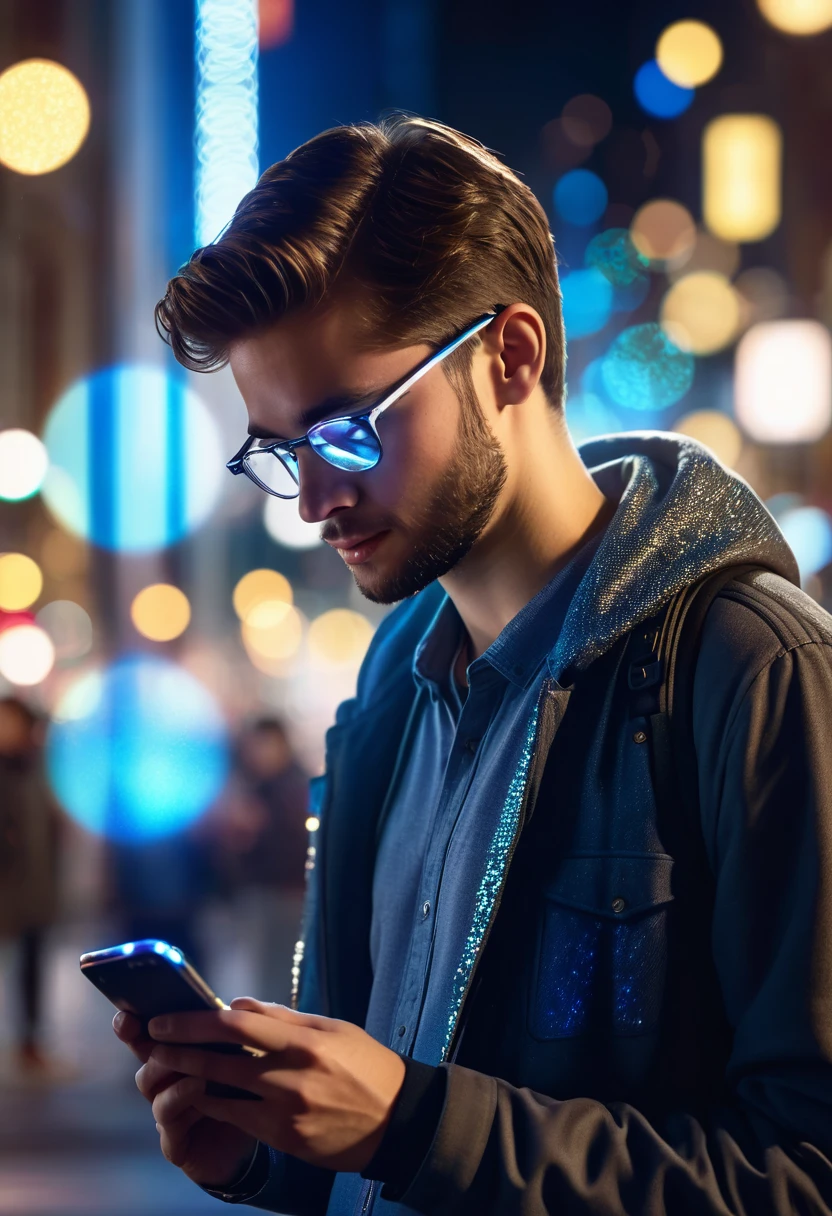 hyper realistic comercial image, a 25-year-old man typing on his cell phone on a city street at night, around him, several holograms showing social networks, bokeh light effects, lens flare effects, on a great city, 8k resolution, dramatic lighting, depht blur , greg rutkowsky style, raw photo