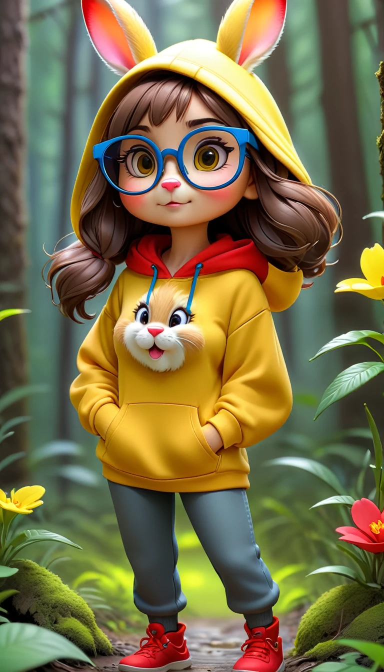 Cute rabbit，hairy，Wearing a yellow hoodie,Wearing cute glasses。It is female，Because there is a bright red flower on its head.。Stroll through the forest where various animals live.,, Disney and Pixar style, cute numbers, comic characters, 3D rendering, bright lights, bright colors,High level of image quality、for a great job