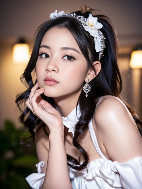 (8K, RAW Photos, Best Quality, High resolution: 1.1), (Surreal: 1.4), (Realistic, Realistic: 1.3), Soft light, girl, Realistic face, Realistic body, Realistic skin, Absurd, masutepiece, (Cute: 1.8), Cute, Solo, (conservative dress: 1.2), Detailed black eyes, Innocent eyes, blush, cello, (White luxury long dress: 1.2), movie lights, film grains, Sparkling Jewelry, Diamonds, earrings, the ring, ((Medium Hair: 1.1)), ((Floating hair Nova frog style)), Cherry lips, head band, Hair Bow, Ponytail, viewer, Long hair, Open lips, Upper teeth, depth of fields, Blurred background, Eye focus, Bokeh, young, 85mm lens, F/1.4, Professional Lighting, young, Photon mapping, Radio City, Physically Based Rendering, (Small Breasts) 