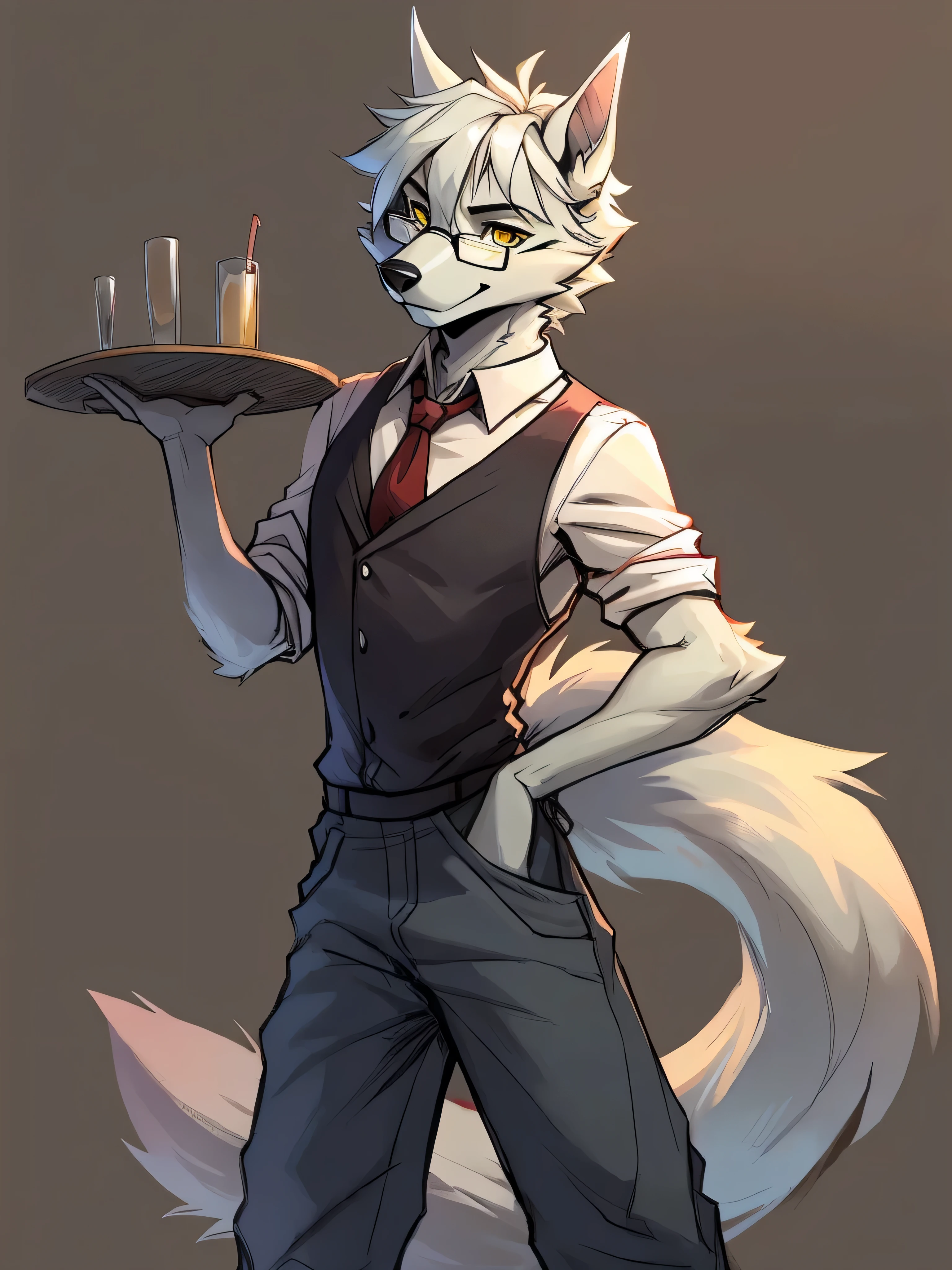 Male, arctic wolf, detailed yellow eyes, long tail, bartender, loose baggy jeans, slim, sly, simple background, glasses