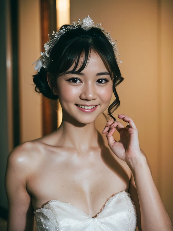 1 girl, smile, shiny skin, delicate face, best quality, masterpiece, (realistic: 1.4), wedding dress, random hairstyle, perfect figure, small breasts, princess