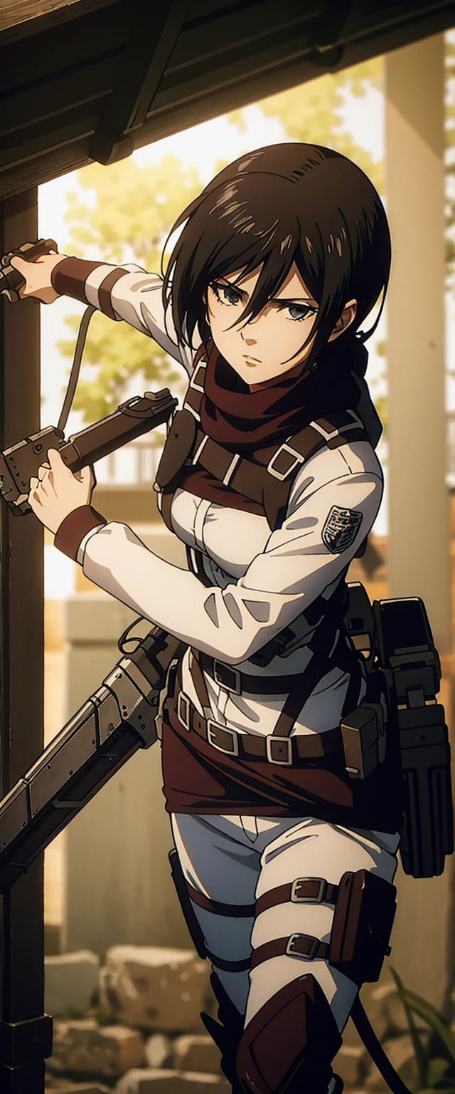 Woman showing her、glare、1 girl, alone, (table top), highest quality, Super detailed, Mikasa Ackerman,In battle，Wielding a knife