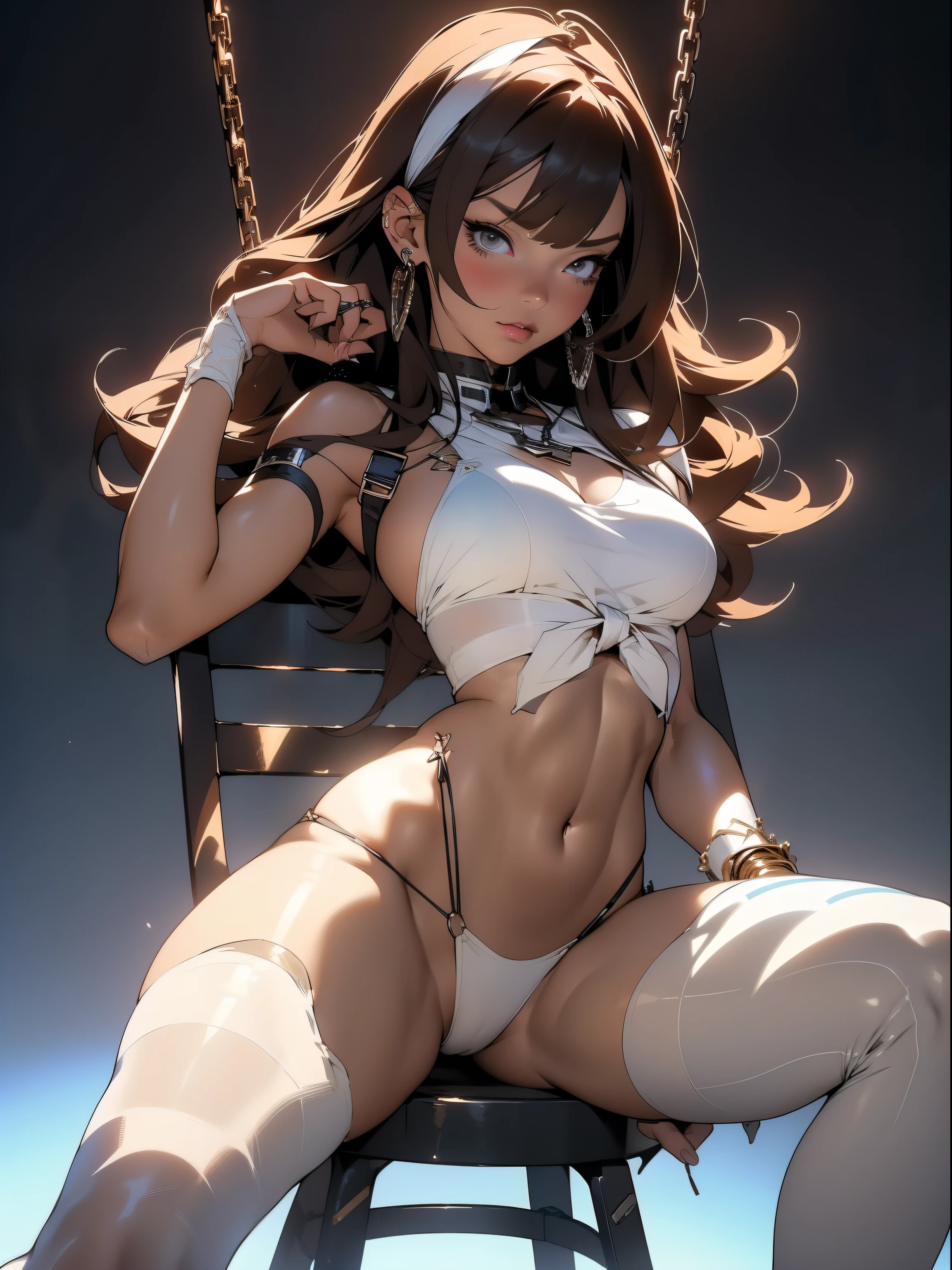 Sexy brown skin Azur Lane waifu，Giant big breasts，Curves are super thick，sixpack abs，Tied to a torture chair，Torture machine，chain，Trapped，in basement，Hostaged，nipple torture，electric chair，Sadness and crying，dreads，urinating on herself，，Tight(White transparent ultra-small cloth bikini，see-through thong，Open the thong vaginal run，Leucorrhoea， The blown tide revealed her breasts，camel-toe，diamond jewelly，Harajuku girl makeup， Sexy breast indentation， evoke， sfv， one-girl， solo， Perfect body， s the perfect face， perfect hand， Perfect Finger， Perfect lips， perfect  eyes， Perfect background， perfect atmosphere， Professional quality， 8K， Perfect photography， Highest high resolution， 8K， Ray traching， perfect volumetric lighting， High-quality octane rendering， high quality vector， ultra - detailed， SAW movie scenes， Torture chamber， Clear skin， minimalistbackground， Perfect skin， no abberations