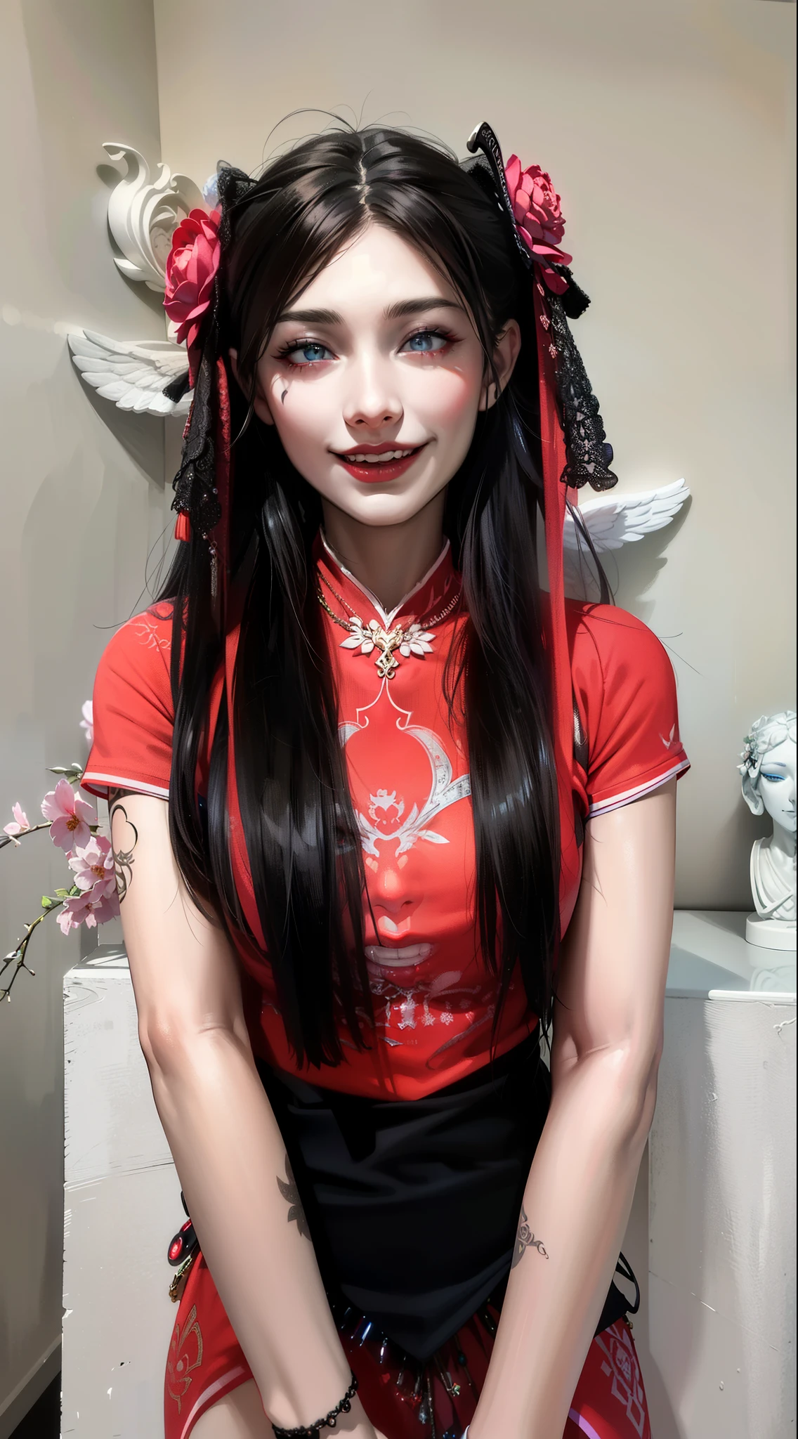 Royal sister，super detailed, Detailed face, movie stock photography , Portrait 400, F1 camera lens.6, colorful, surreal, Realistic texture, dramatic lighting, film alembic 800 (8K, original photo, better quality, masterpiece: 1.2), super detailed, (highly refined skin: 1.2), 8K Ultra HD, SLR camera, soft light, high quality.Frozen queen，Succubus，fallen angel，blue pupils，Apply red lipstick，Have tattoos，The tattoo is very three-dimensional，Gorgeous and intricate tattoo designs，Open your mouth and laugh，White, neat teeth are exposed