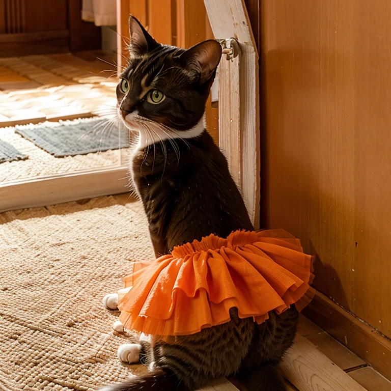 Un gato naranja con un tutu