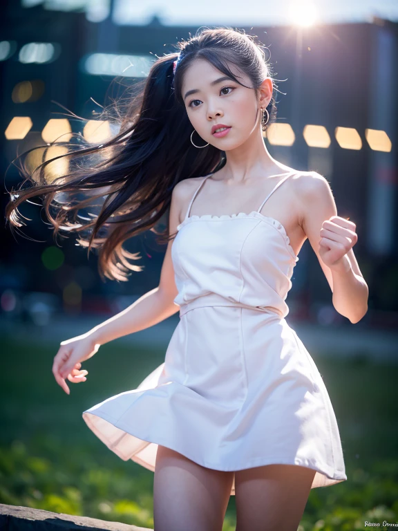 (8K, RAW Photos, Best Quality, High resolution: 1.1), (Surreal: 1.4), (Realistic, Realistic: 1.3), Soft light, girl, Realistic face, Realistic body, Realistic skin, Absurd, masutepiece, (Cute: 1.8), Cute, Solo, (conservative dress: 1.2), Detailed black eyes, Innocent eyes, blush, cello, (White luxury long dress: 1.2), movie lights, film grains, Sparkling Jewelry, Diamonds, earrings, the ring, ((Medium Hair: 1.1)), ((Floating hair Nova frog style)), Cherry lips, head band, Hair Bow, Ponytail, viewer, Long hair, Open lips, Upper teeth, depth of fields, Blurred background, Eye focus, Bokeh, young, 85mm lens, F/1.4, Professional Lighting, young, Photon mapping, Radio City, Physically Based Rendering, (Small Breasts) 