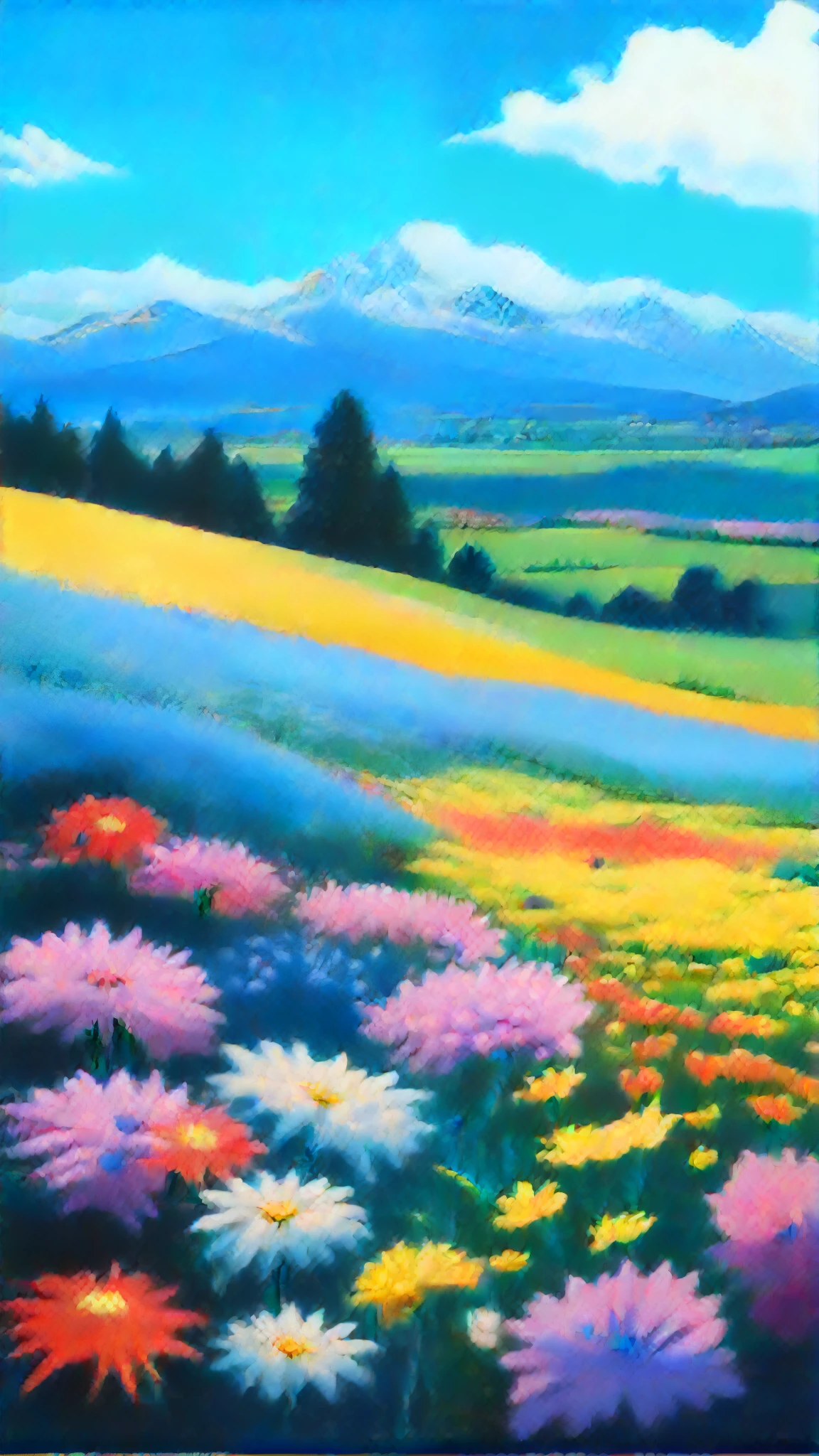 a painting of a field of flowers with mountains in the background, colorful landscape painting, vibrant gouache painting scenery, meadow background, meadow with flowers, background of flowery hill, field of fantasy flowers, flower meadow, hiroo isono, field of flowers background, with flower fields as foreground, romanticism landscape painting, fields of flowers, flower field, colorful wildflowers