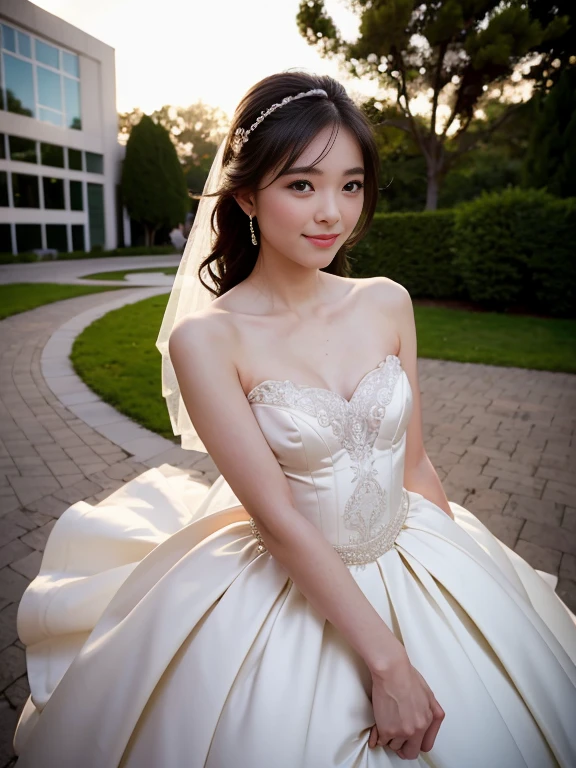1 girl, smile, shiny skin, delicate face, best quality, masterpiece, (realistic: 1.4), wedding dress, random hairstyle, perfect figure, small breasts, princess
