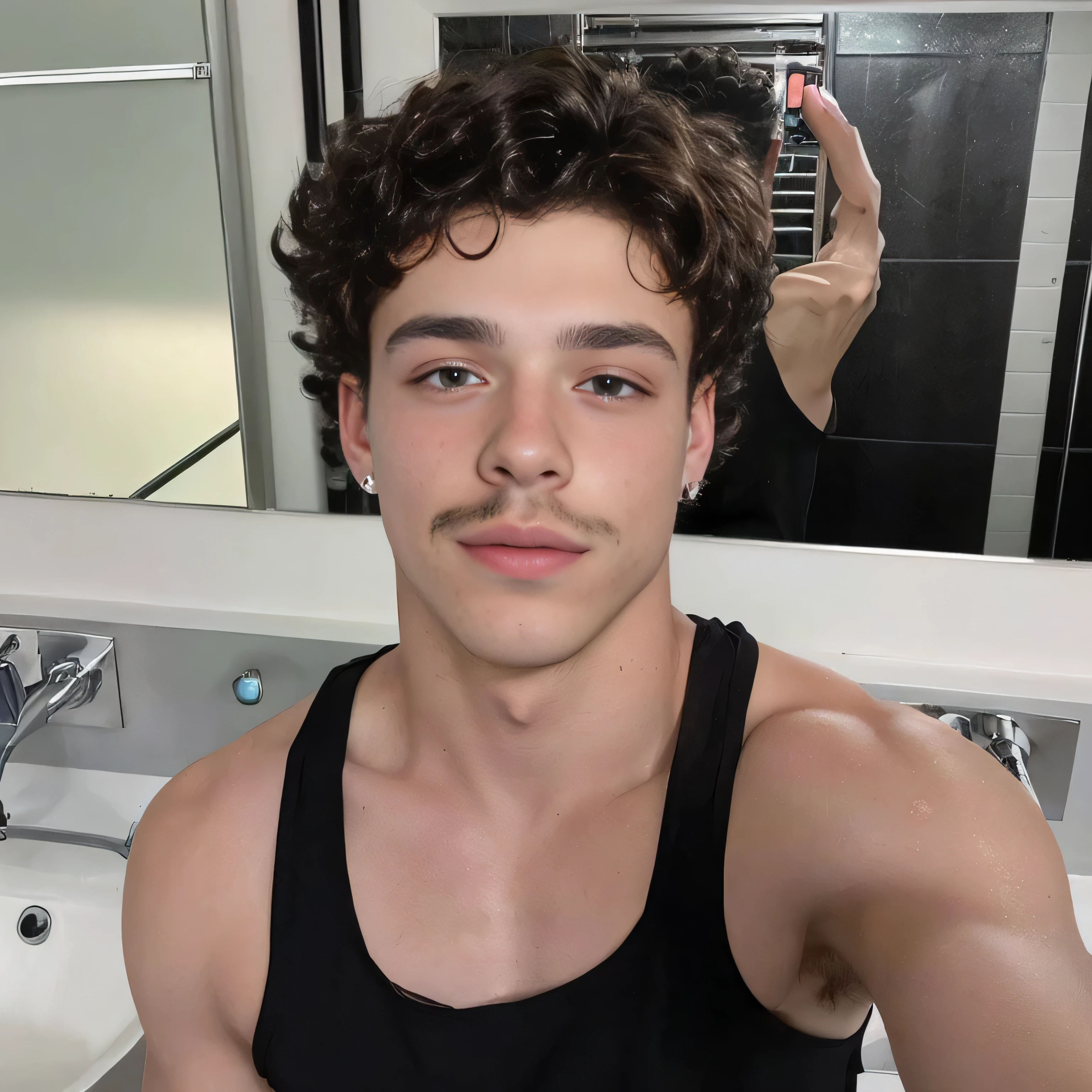 there is a man with a fake mustache in front of a mirror, taken in the early 2020s, tommy 1 , miles johnstone, he has short curly brown hair, 18 years old, headshot profile picture, perfect face and boy, twink, 1 6 years old twitch streamer / gamer ludwig, very sweaty