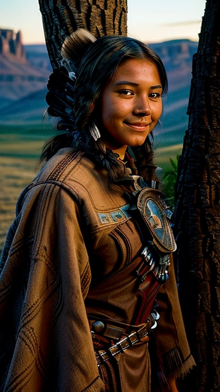 (grainy:0.5), cinematic, girl,native american,fantasy,(solo:1.3), detailed eyes, detailed face, detailed native american clothing , volumetric lighting, dusk, extremely detailed background, standing next to tree, smiling, half closed eyes, tilted head, from side