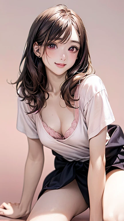 (masterpiece:1.2, highest quality), (realistic, photorealistic:1.4), beautiful illustrations, (natural side lighting, movie lighting), NSFW, looking at the viewer, (27 year old female:1.5)、sexy、shot from the side、look at the camera、,Japanese, Cute symmetrical face, shiny skin, (medium hair:1.5, brown hair), (slanted eyes:1.3), Small eyes and long eyelashes, (medium breasts), beautiful hair, beautiful face, fine and beautiful eyes, beautiful clavicle, beautiful body, beautiful breasts, beautiful thighs, beautiful feet, beautiful fingers, Photographed from the waist up, (cute smile, upper grade),(Pale pink background:1.5)、Ochame、（white t-shirt:1.5)