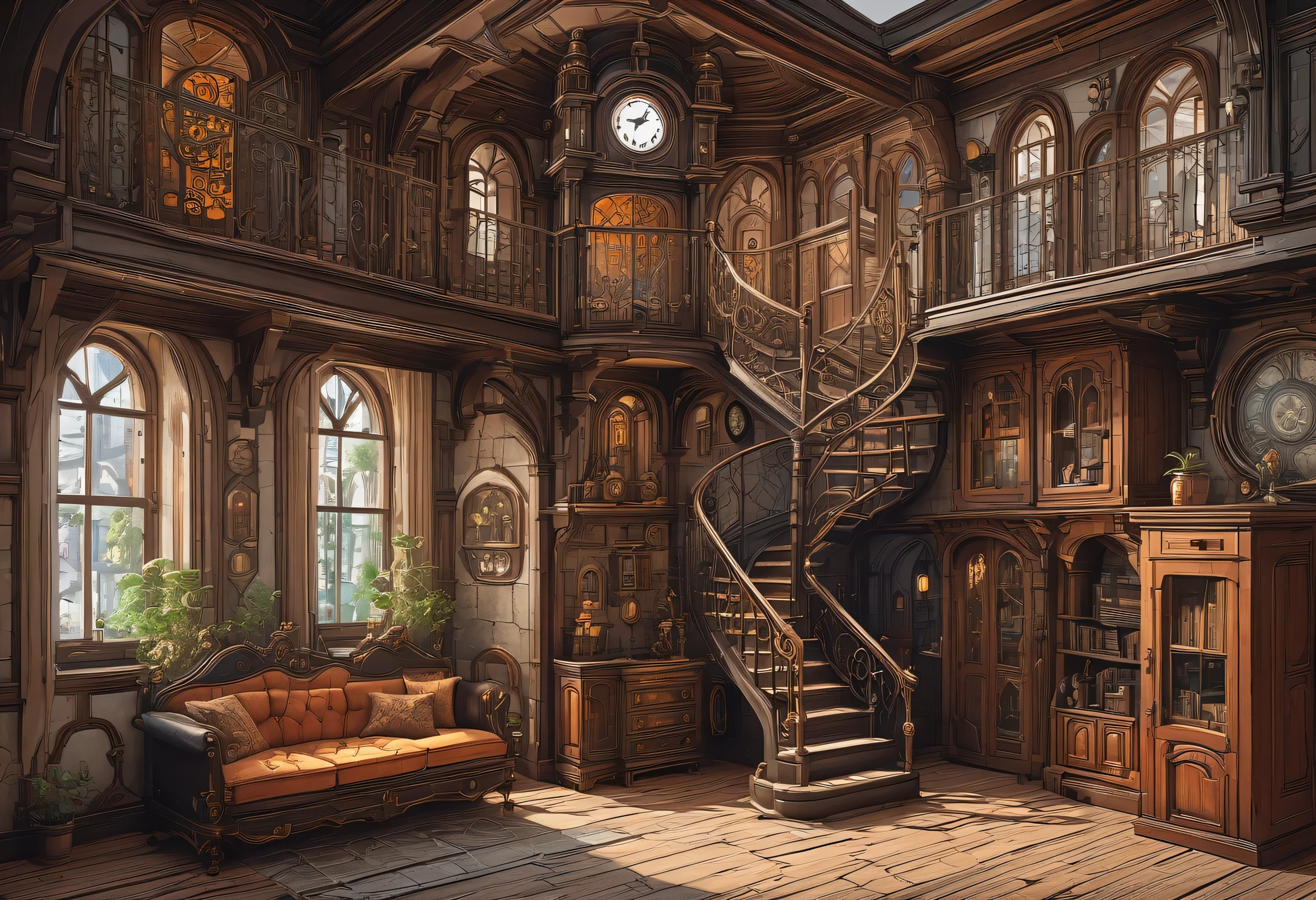 Large cross-section of a house with a clock and many rooms, Concept art inspired by Anton Pieck, shutter stock, gothic art, Castlevania Soton, Ultra-detailed haunted house, gothic mansion, Beautifully detailed pixel art, gothic mansion room, Spooky mansion, The hideout of evil villains, Complex from Baldur&#39;s Gate, Scary detailed color art