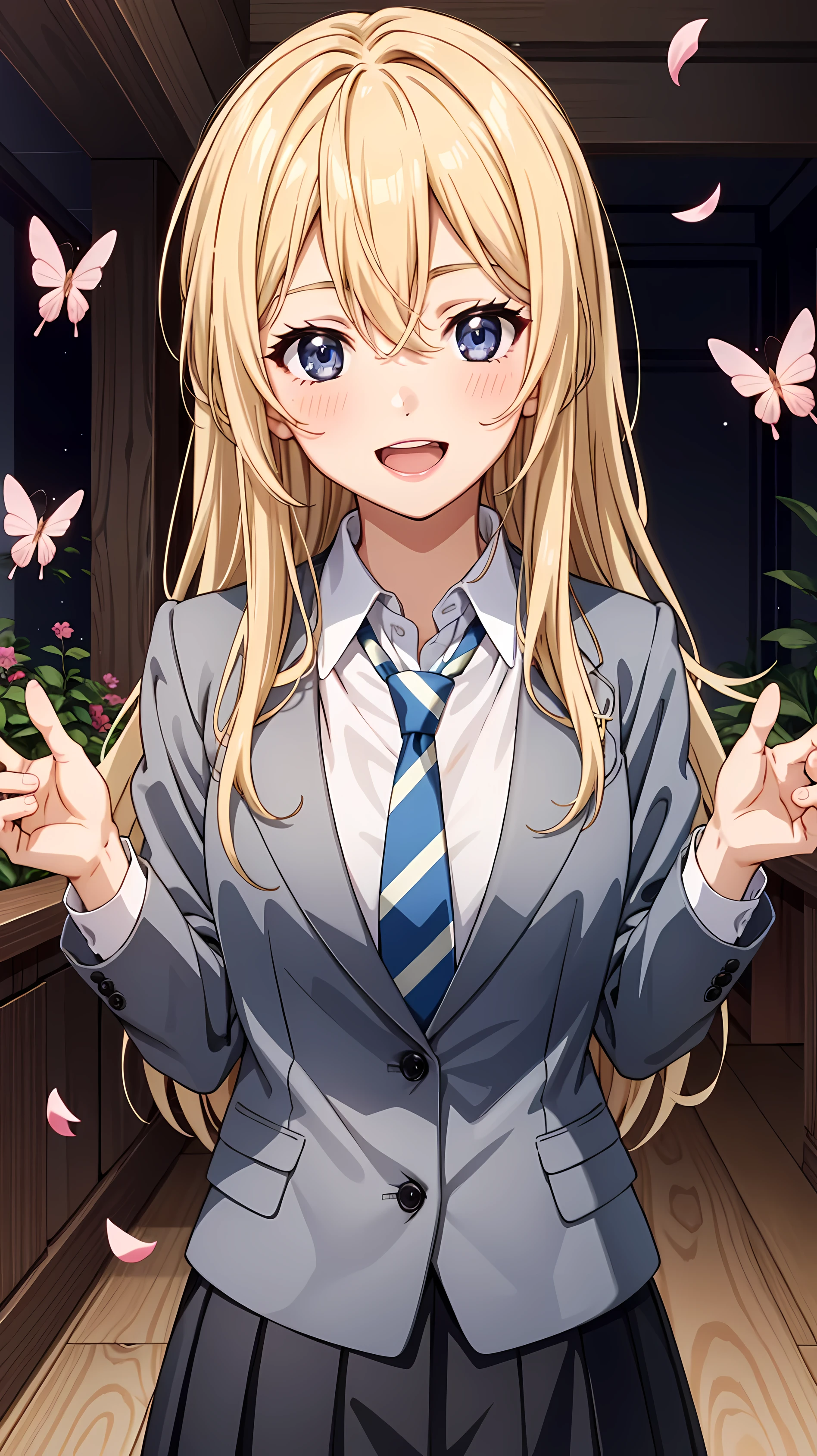 tall body, tall, long legs, mature female, mature, adult, simple background, indoors
 Eft_goblin_kaori, 1girl, blonde hair, long hair, solo, necktie, smile, pink dress, upper body, parody, long sleeves, collared shirt, blue eyes, grey jacket, striped necktie, black eyes, hair between eyes, striped, grey eyes, blush, skirt flowers, shiny pillars, shiny butterflies, magical shiny garden, 1girl, solo, looking at the viewer, happy open mouth, falling flowerpetals,