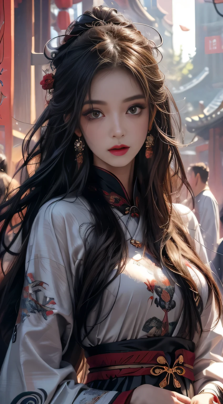 Photorealistic, High resolution, 1 woman, hips up high, Beautiful eyes, Long hair, Ringed Eyes, Jewelry, The tattoo, Hanfu, chinese fairy, Taoist uniform, ((face to viewer)).