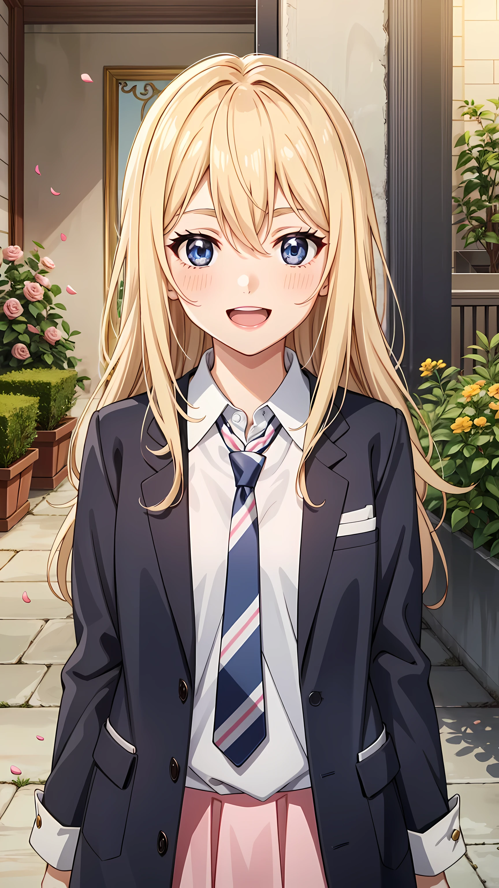 tall body, tall, long legs, mature female, mature, adult, simple background, indoors
 Eft_goblin_kaori, 1girl, blonde hair, long hair, solo, necktie, smile, pink dress, upper body, parody, long sleeves, collared shirt, blue eyes, grey jacket, striped necktie, black eyes, hair between eyes, striped, grey eyes, blush, skirt flowers, shiny pillars, shiny butterflies, magical shiny garden, 1girl, solo, looking at the viewer, happy open mouth, falling flowerpetals,