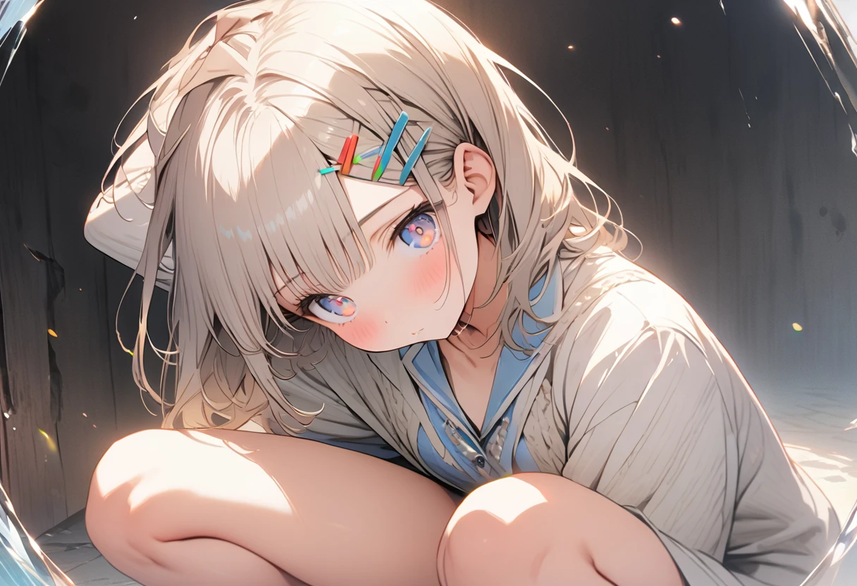 ((masterpiece)), ((highest quality)), ((High resolution)), ((Highly detailed CG integrated 8k wallpaper)), (She is ong blond hair in a side ponytail hair and orange eyes), beige blazer, and thin red ribbon across chest and white Shoulderless dresses(Her friend is hort bob silver hair, dark blue eyes), white blazer, big blue ribbon on the chest, cute, one person, white blubbery coat, (upper half of body), ((masterpiece, top quality, very detailed)), anime, girl, skirt,  oversized coat, (short silver hair, indigo eyes), white blazer and large light blue ribbon across chest, close friends, lovers, two people, masterpiece, best quality, extremely detailed, anime, girl, skirt ,  fantastic midnighit , dreamy, Two hairpins in the front, ((tilt one&#39;s head, View from the front:1.2)), ((squat with legs apart)), 