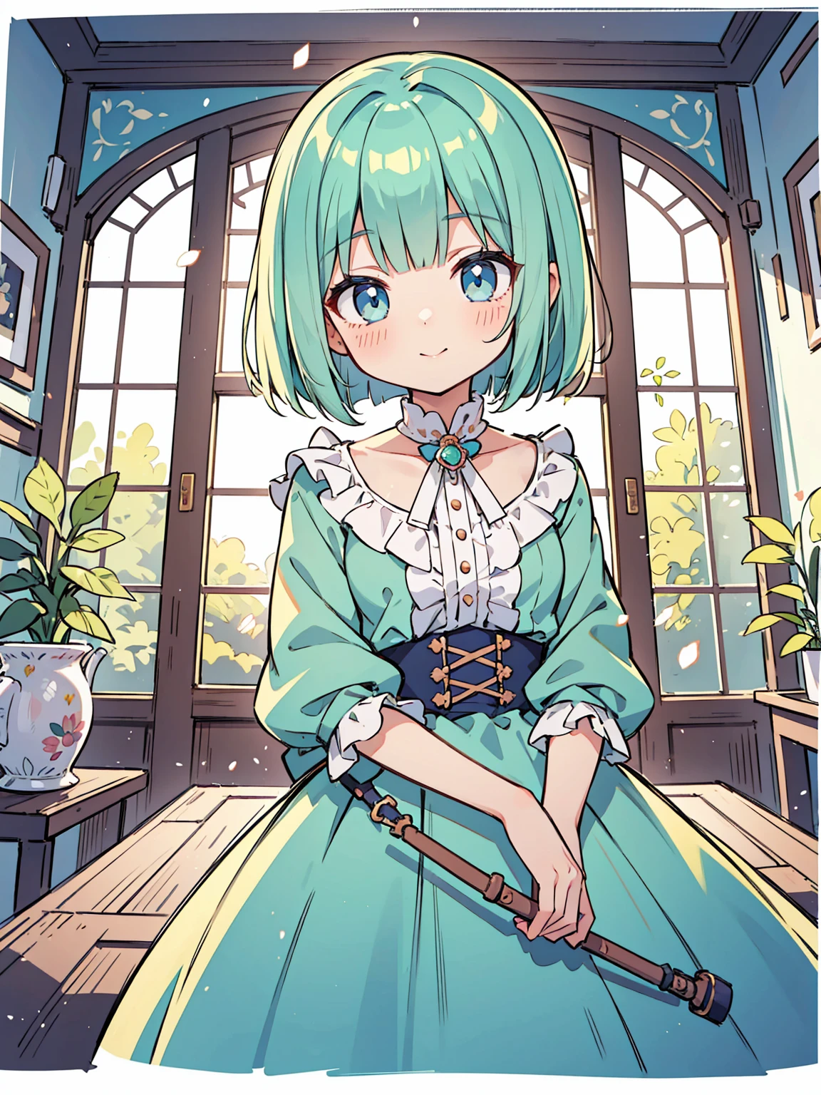High quality, Ultra detailed, best quality, insanely detailed, masterpiece, beautiful illustrations, highest quality, pretty girl, ((very cute)), ((lovely)), ((sweet)), ((kawaii)), 1girl, standing, pastel colour, European room, dignified room, gorgeous room,noble outfit, blunt bangs, light green hair, bob cut, bright lighting, sky-blue eyes, soft smile, looking at viewer
