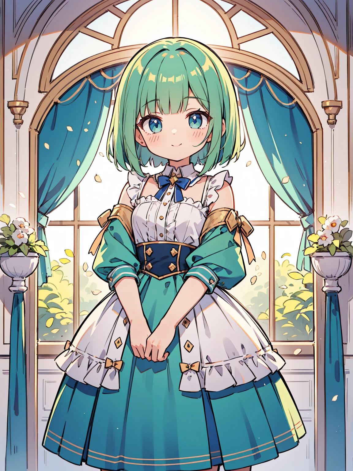 High quality, Ultra detailed, best quality, insanely detailed, masterpiece, beautiful illustrations, highest quality, pretty girl, ((very cute)), ((lovely)), ((sweet)), ((kawaii)), 1girl, standing, pastel colour, European room, dignified room, gorgeous room,noble outfit, blunt bangs, light green hair, bob cut, bright lighting, sky-blue eyes, soft smile, looking at viewer