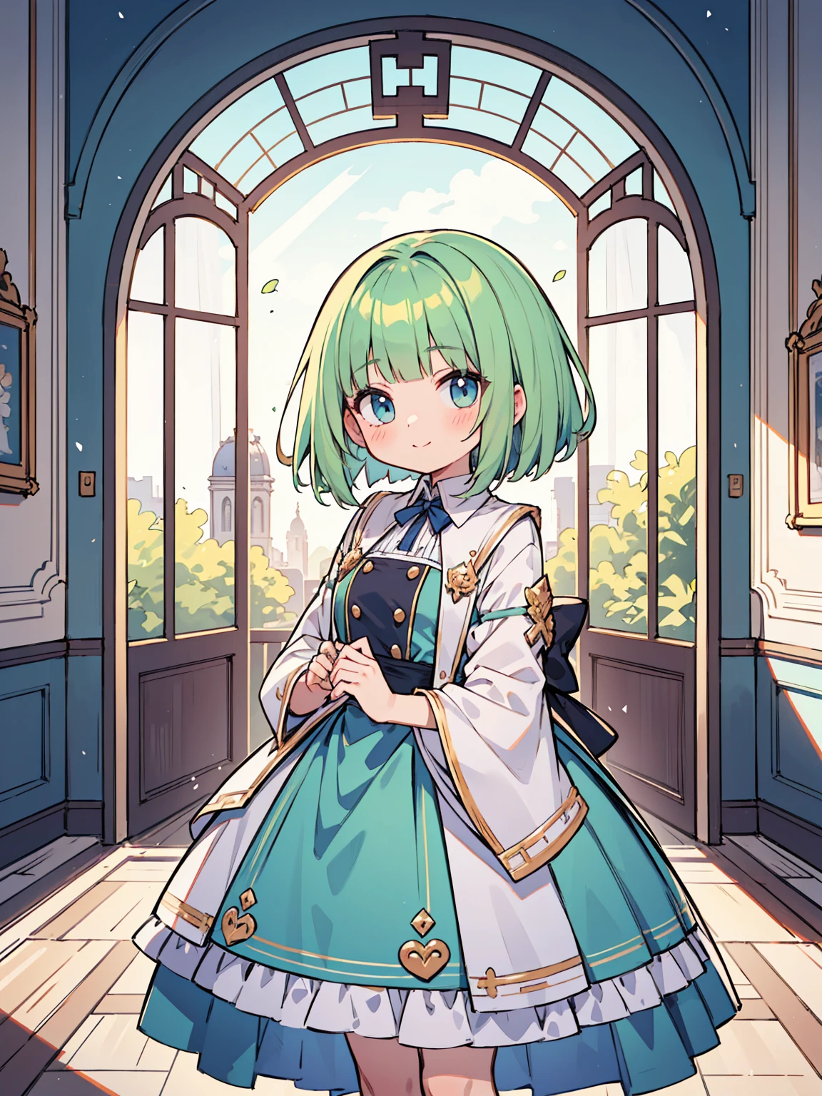 High quality, Ultra detailed, best quality, insanely detailed, masterpiece, beautiful illustrations, highest quality, pretty girl, ((very cute)), ((lovely)), ((sweet)), ((kawaii)), 1girl, standing, pastel colour, European room, dignified room, gorgeous room,noble outfit, blunt bangs, light green hair, bob cut, bright lighting, sky-blue eyes, soft smile, looking at viewer