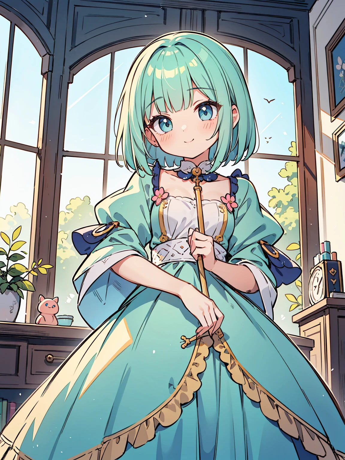 High quality, Ultra detailed, best quality, insanely detailed, masterpiece, beautiful illustrations, highest quality, pretty girl, ((very cute)), ((lovely)), ((sweet)), ((kawaii)), 1girl, standing, pastel colour, European room, dignified room, gorgeous room,noble outfit, blunt bangs, light green hair, bob cut, bright lighting, sky-blue eyes, soft smile, looking at viewer