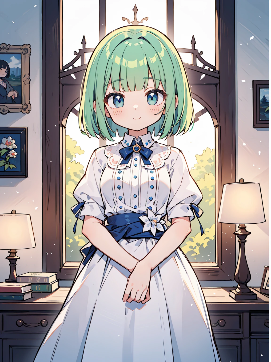 High quality, Ultra detailed, best quality, insanely detailed, masterpiece, beautiful illustrations, highest quality, pretty girl, ((very cute)), ((lovely)), ((sweet)), ((kawaii)), 1girl, standing, pastel colour, European room, dignified room, gorgeous room,noble outfit, blunt bangs, light green hair, bob cut, bright lighting, sky-blue eyes, soft smile, looking at viewer