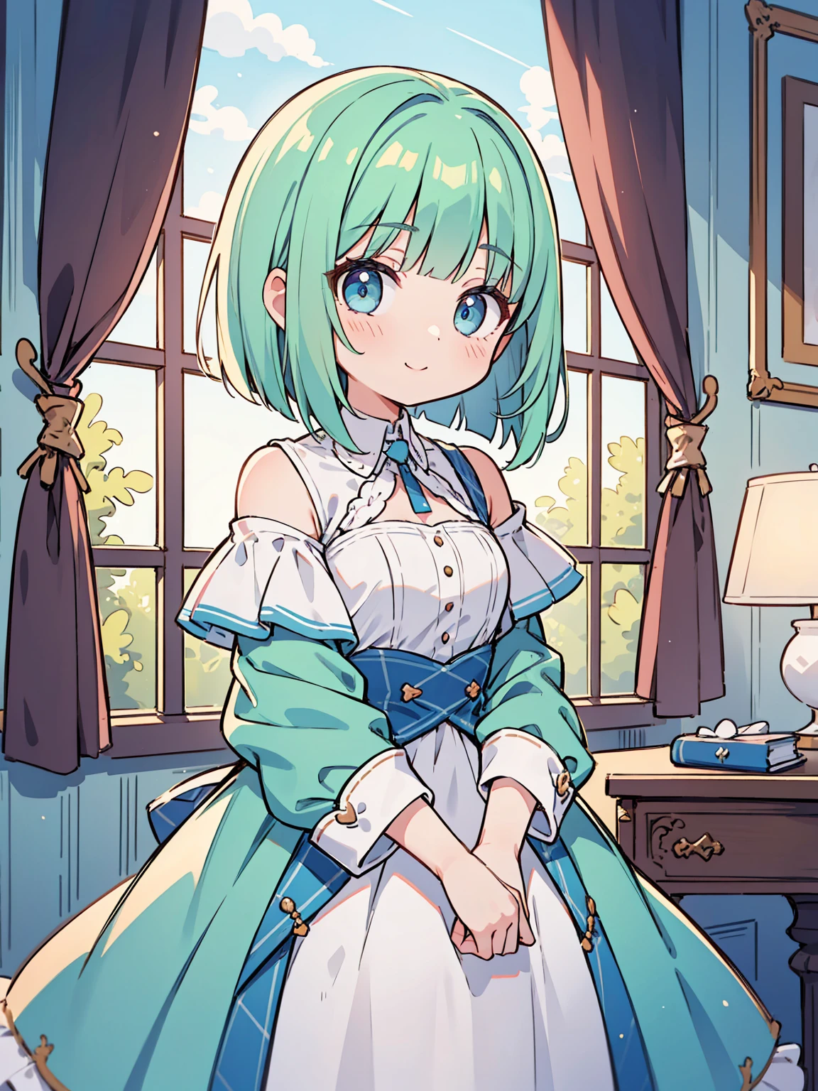 High quality, Ultra detailed, best quality, insanely detailed, masterpiece, beautiful illustrations, highest quality, pretty girl, ((very cute)), ((lovely)), ((sweet)), ((kawaii)), 1girl, standing, pastel colour, European room, dignified room, gorgeous room,noble outfit, blunt bangs, light green hair, bob cut, bright lighting, sky-blue eyes, soft smile, looking at viewer