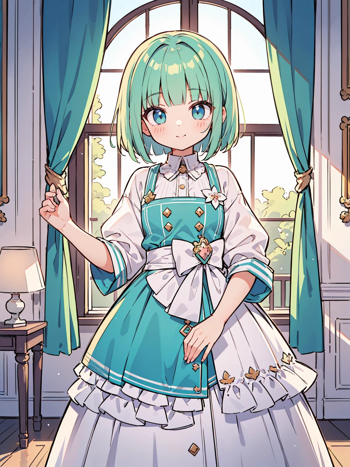 High quality, Ultra detailed, best quality, insanely detailed, masterpiece, beautiful illustrations, highest quality, pretty girl, ((very cute)), ((lovely)), ((sweet)), ((kawaii)), 1girl, standing, pastel colour, European room, dignified room, gorgeous room,noble outfit, blunt bangs, light green hair, bob cut, bright lighting, sky-blue eyes, soft smile, looking at viewer