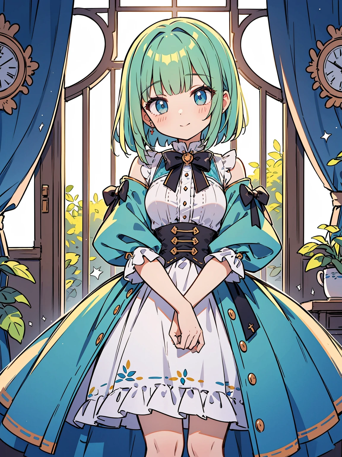 High quality, Ultra detailed, best quality, insanely detailed, masterpiece, beautiful illustrations, highest quality, pretty girl, ((very cute)), ((lovely)), ((sweet)), ((kawaii)), 1girl, standing, pastel colour, European room, dignified room, gorgeous room,noble outfit, blunt bangs, light green hair, bob cut, bright lighting, sky-blue eyes, soft smile, looking at viewer