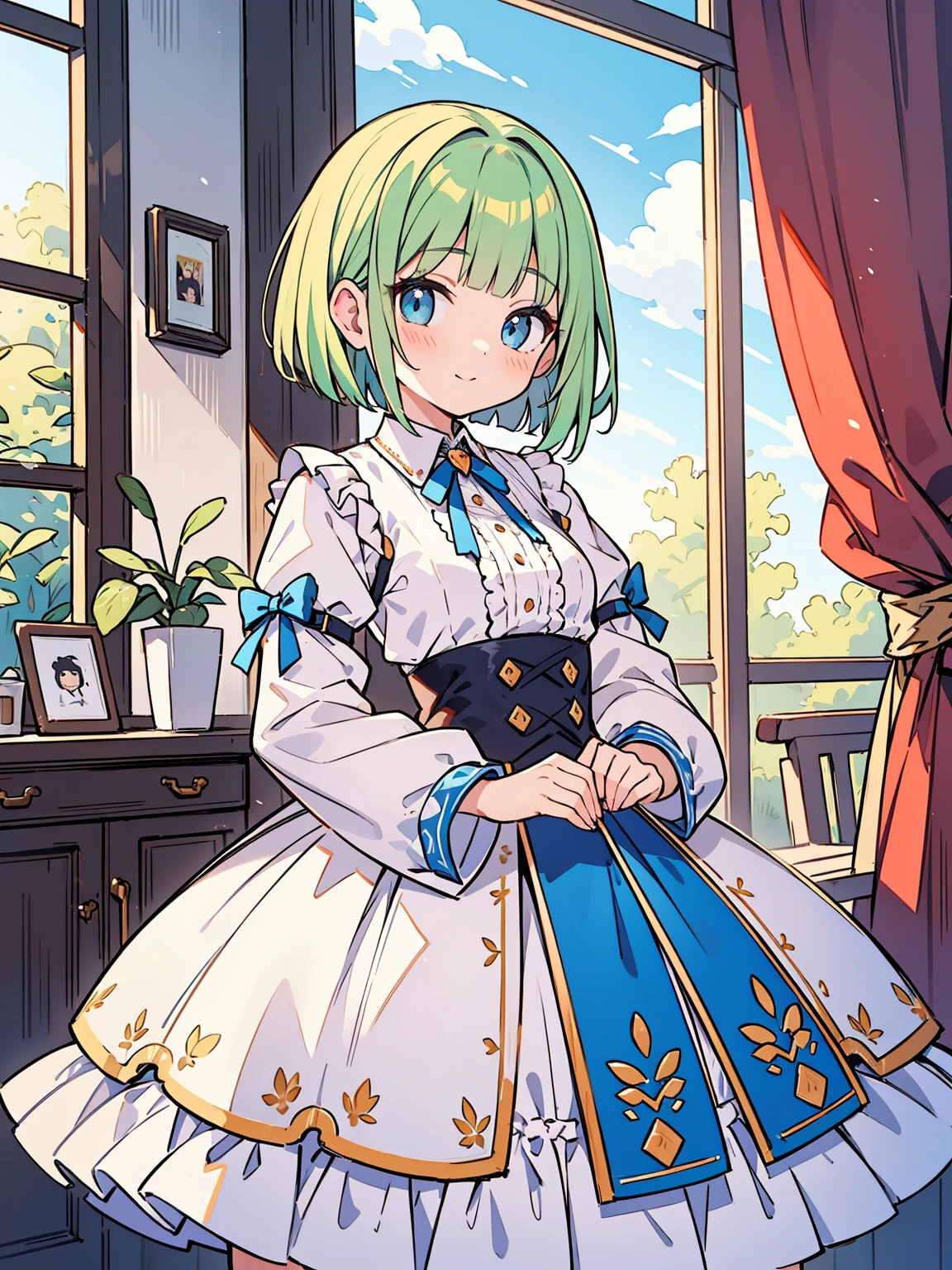 High quality, Ultra detailed, best quality, insanely detailed, masterpiece, beautiful illustrations, highest quality, pretty girl, ((very cute)), ((lovely)), ((sweet)), ((kawaii)), 1girl, standing, pastel colour, European room, dignified room, gorgeous room,noble outfit, blunt bangs, light green hair, bob cut, bright lighting, sky-blue eyes, soft smile, looking at viewer