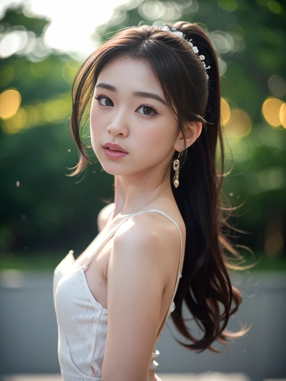 (8K, RAW Photos, Best Quality, High resolution: 1.1), (Surreal: 1.4), (Realistic, Realistic: 1.3), Soft light, girl, Realistic face, Realistic body, Realistic skin, Absurd, masutepiece, (Cute: 1.8), Cute, Solo, (conservative dress: 1.2), Detailed black eyes, Innocent eyes, blush, cello, (White luxury long dress: 1.2), movie lights, film grains, Sparkling Jewelry, Diamonds, earrings, the ring, ((Medium Hair: 1.1)), ((Floating hair Nova frog style)), Cherry lips, head band, Hair Bow, Ponytail, viewer, Long hair, Open lips, Upper teeth, depth of fields, Blurred background, Eye focus, Bokeh, young, 85mm lens, F/1.4, Professional Lighting, young, Photon mapping, Radio City, Physically Based Rendering, (Small Breasts)