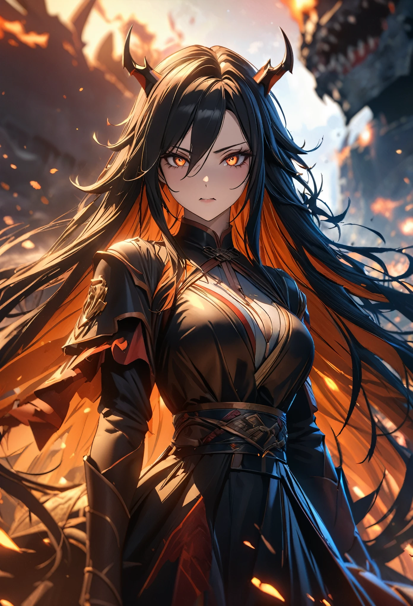((solo)), (woman), dark orange eyes, black hair, very long hair, messy hair, dark orange colored inner hair, medium-big breasts, mature face, beautiful, sharp face, (26 years old), a close up of a person with a sword in a desolate land surrounded by demons and monsters, a burning battlefield, epic, detailed key anime art,, casimir art, masamune shiro, masamune, beautiful woman in demon slayer art, heise jinyao, shadowverse style, (no logos), DOOM hell, black powers, red infernal scenery, detailed clothes, eye reflection, depth of field, cinematic lighting, ray tracing, depth of field, cinematic lighting, ray tracing, UHD, high details, best quality, highres, high quality, award winning, super detail, masterpiece, 8k, UHD, high details, best quality, highres, high quality, award winning, super detail, masterpiece, 8k, digital art, anime coloring,