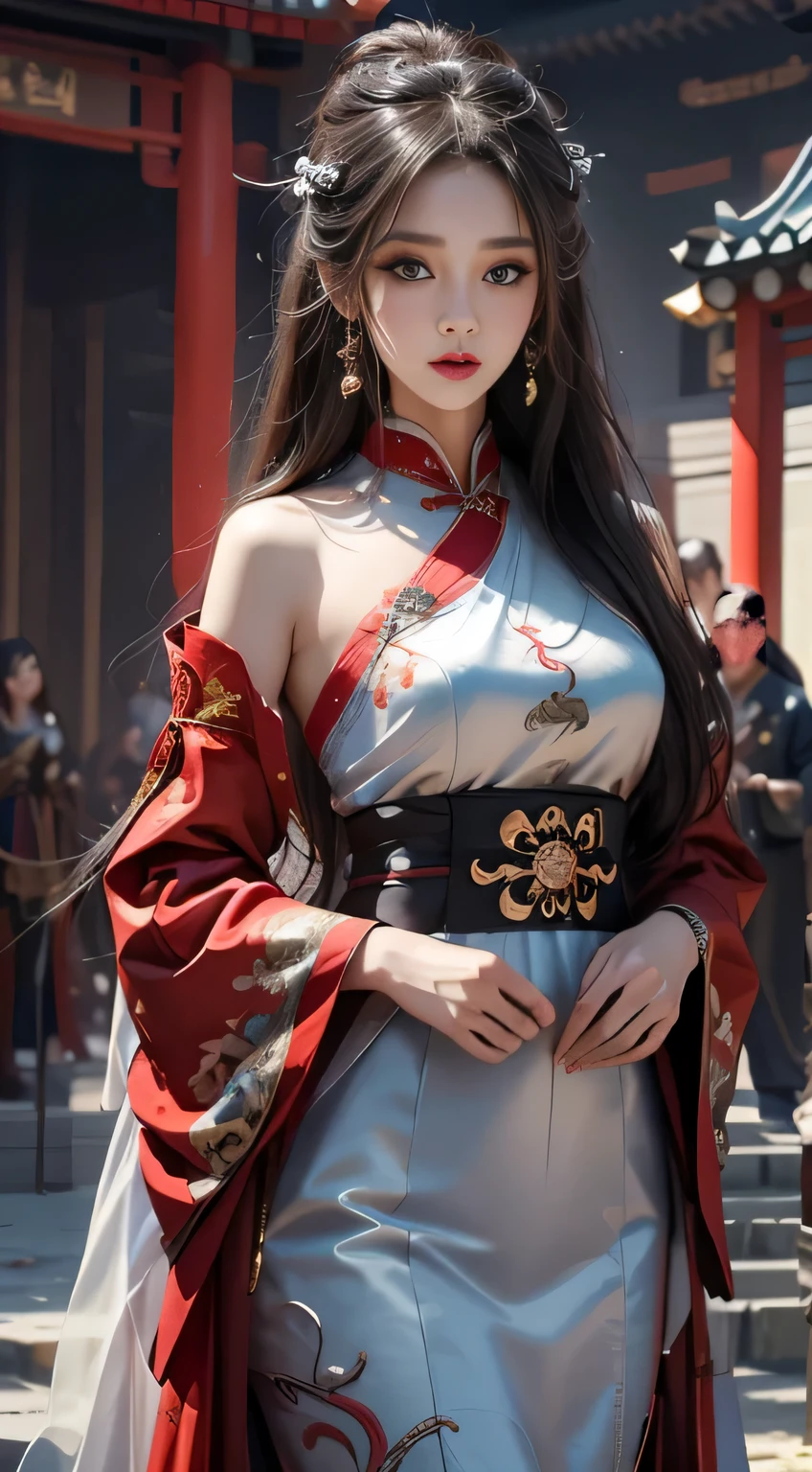 Photorealistic, High resolution, 1 woman, hips up high, Beautiful eyes, Long hair, Ringed Eyes, Jewelry, The tattoo, Hanfu, chinese fairy, Taoist uniform, ((face to viewer)), ((3/4body)).