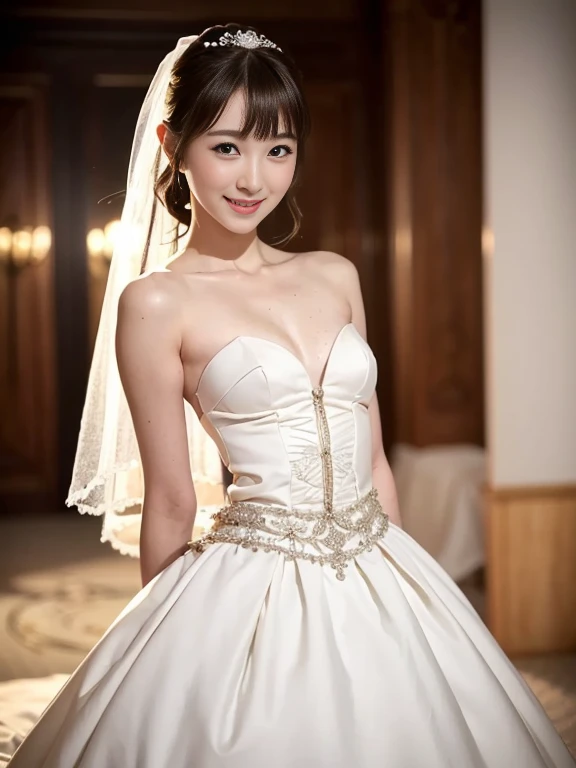 1 girl, smile, shiny skin, delicate face, best quality, masterpiece, (realistic: 1.4), wedding dress, random hairstyle, perfect figure, small breasts, princess
