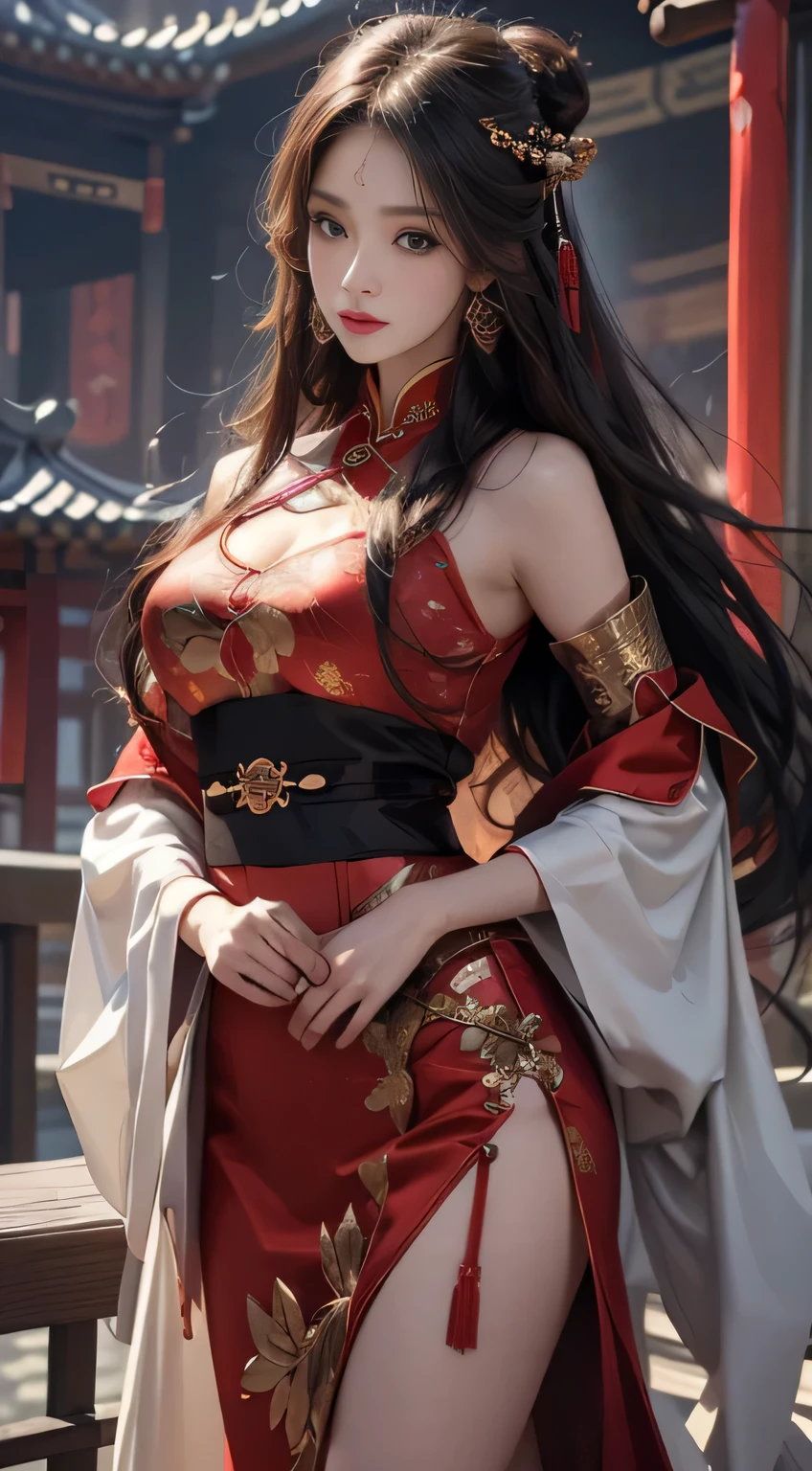 Photorealistic, High resolution, 1 woman, hips up high, Beautiful eyes, Long hair, Ringed Eyes, Jewelry, The tattoo, Hanfu, chinese fairy, Taoist uniform, ((face to viewer)), ((3/4body)).