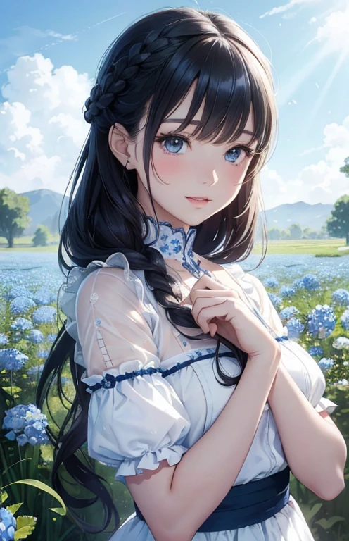 masterpiece、highest quality、High resolution、high quality images、8K, 1 female、skin luster、Texture of skin and clothing、Expression of fine eyes、shiny bright silver hair,Girl with long braided hair, Manga inspired by Lee Jong-suk, trending on deviantart, realism, detailed manga style, manga art style, perfect line drawing, beautiful line drawing, digital manga art girl, K-POPアイドル, beautiful light blue eyes, plump lips, detailed gorgeous face, (cute smile), charm, innocent, Side view, (perfectly detailed face), (fine hands) photorealistic images, Depth of written boundary, Princess hairstyle, Corolla on the head ,frilly dress ,Delicate illustration ultra-definition BREAK (field of Nemophila flowers) outdoor, (Nemophila:1.2) (realistic blue flowers:1.1), (A sea-blue flower field), horizon, noon, detailed background ,romanticism,