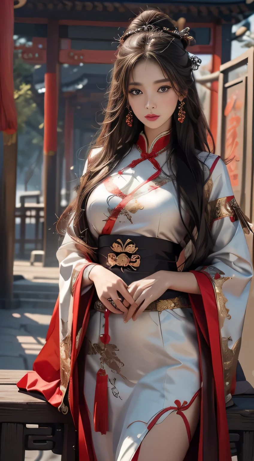 Photorealistic, High resolution, 1 woman, hips up high, Beautiful eyes, Long hair, Ringed Eyes, Jewelry, The tattoo, Hanfu, chinese fairy, Taoist uniform, ((face to viewer)), ((3/4body)).