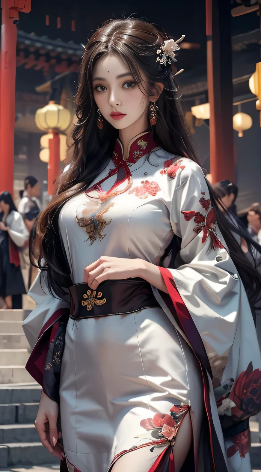 Photorealistic, High resolution, 1 woman, hips up high, Beautiful eyes, Long hair, Ringed Eyes, Jewelry, The tattoo, Hanfu, chinese fairy, Taoist uniform, ((face to viewer)), ((3/4body)).