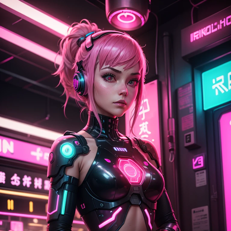 1 girl, pink neon ,robot, female cyborg , cyberpunk tea house, robotic patrons, dim lighting, neon signs,fcPortrait, neon,cyberpunk, futuristic ,