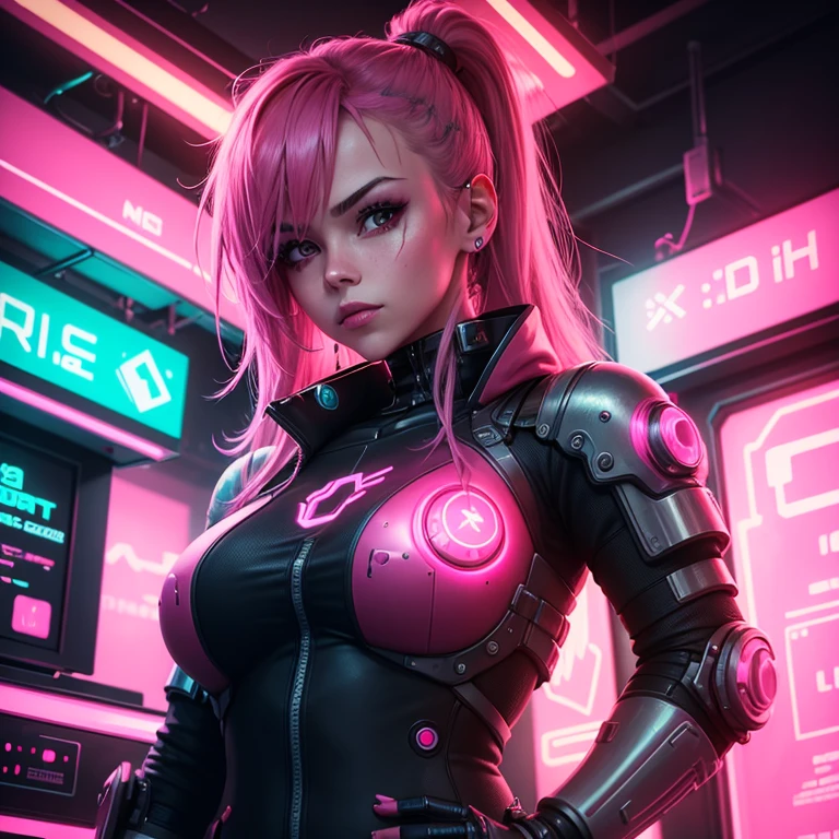 1 girl, pink neon ,robot, female cyborg , cyberpunk tea house, robotic patrons, dim lighting, neon signs,fcPortrait, neon,cyberpunk, futuristic , 