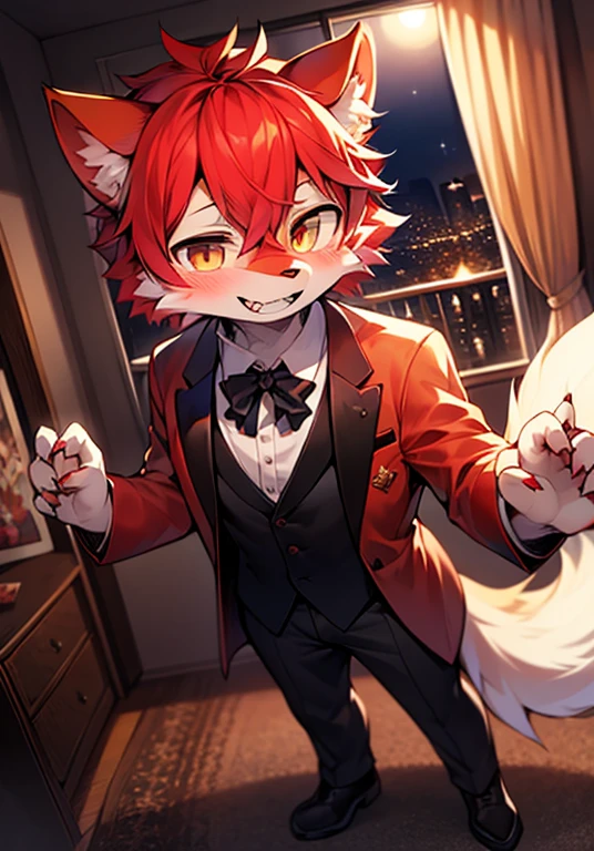 (dark environment:0.8),masterpiece, high quality, H, number \(artwork\), Cut through thick snacks, Yes,Kiyoyama,Red hair all over, male wolf,short hair,portrait, Bright Eyes,The eyes are gray,With black bow,Suit,white belly,The tip of the tail is white,Palm White,Meatballs pink panorama,Character focus.(Detailed background:0.7),alone,hairy,hairy male ,male focus,Hana Charcoal,(Full body fur, hairy尾巴, red fur,),long canine teeth,looking at the audience,Ultra-fine red fur,Room,moonlight,Hair on cheeks,Neck fur,Blushed,Smile