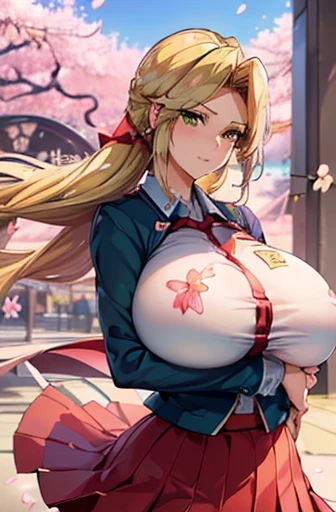 ((woman,huge breasts, (huge breasts:1.8),とても唇が赤いhuge breastsを強調,big ass,thin waist,long legs,green eyes立っている)) 8k((((anime style),(Good at drawing faces))))8k(((((anime style)green eyes)))) 8k((Standing at the station))8k((Waiting for a train at the station))8k((early morning))8k((beautiful woman))((学生blazer15歳学生服 緑のネクタイ, blazer, pleated skirt))8k(((((spring,cherry blossoms,The wind is blowing,the skirt is turned up,cherry blossomsが散っている:1.3)))))