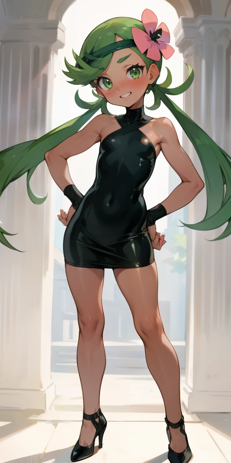  1girl, zodiac_mallow, solo, lovely small breasts, solo, green hair, long hair, twintails, headband , pink flower in hair, green eyes, looking at viewer, dark skin, head tilt,smile, parted lips(teeth), nose blush, blush,dark skin, nude,black tight dress, latex dress,black heels, in the castle, standing,spread legs, hands on hips, Full-body 