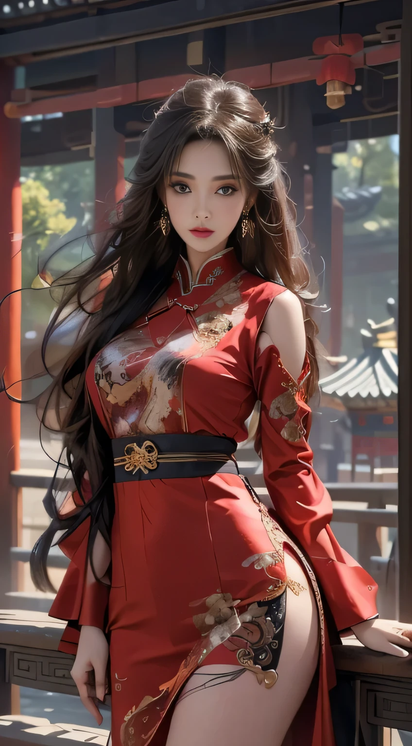 Photorealistic, High resolution, 1 woman, hips up high, Beautiful eyes, Long hair, Ringed Eyes, Jewelry, The tattoo, Hanfu, chinese fairy, Taoist uniform, ((face to viewer)), ((3/4body)).