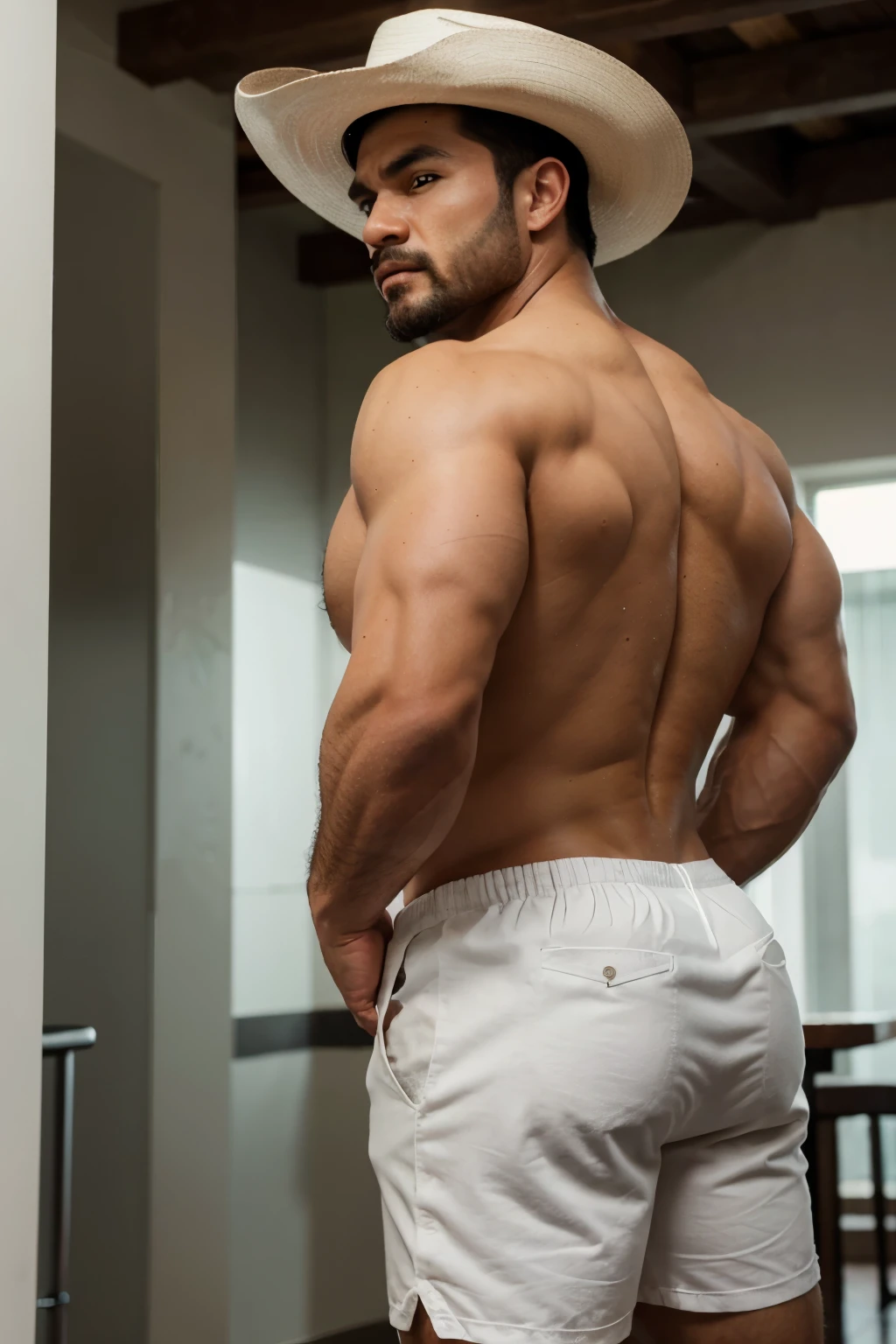 hulk photography, light cinematic heavyweight bodybuilder, 75 kg of complete muscle,  Bigote grueso y trozo chino barbudo, hombres muy guapo. perfect body proportion,, hypermuscular nalgon, realista,  cowboy with hat, white shorts, backside, trasero inclinado