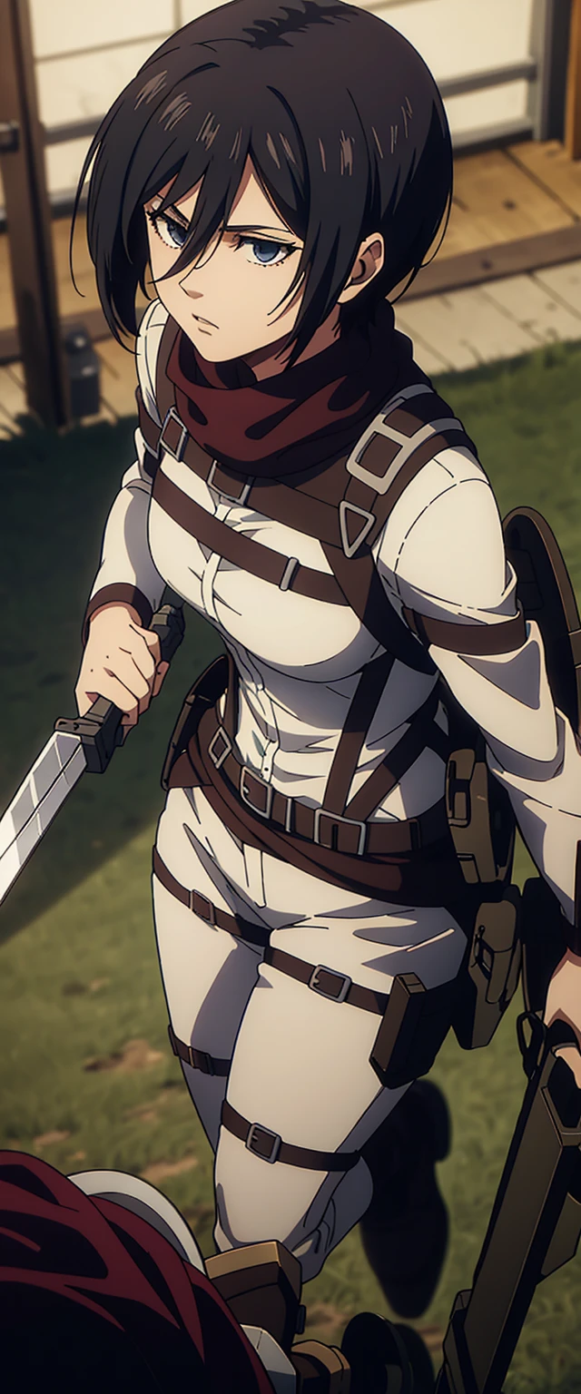 Woman showing her、glare、1 girl, alone, (table top), highest quality, Super detailed, Mikasa Ackerman,In battle，Wielding a knife