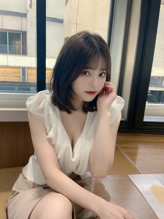 ((highest quality, 8K, masterpiece :1.3)), ((Beautiful Japanese women 1.2)),on the desk,table top,brown hair,One ear sticking out,short hair,short hair,beautiful composition,Beautiful eyes,well-equipped eyes,small breasts,beautiful breasts,Tight Skirt,Stylish shirts,natural color lip,24-years-old,slender body,beautiful legs,thin legs,high heels